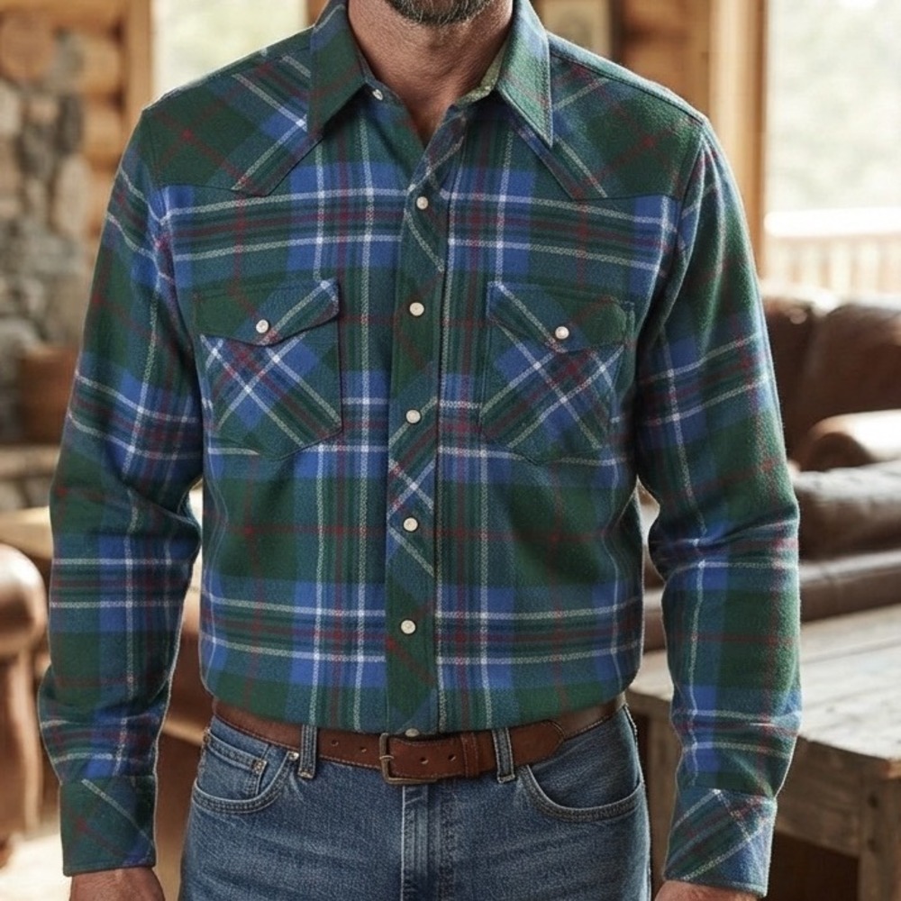 VTG Greatland Sportswear Mens Western Flannel Shirt Plaid‎ Pearl Snap L